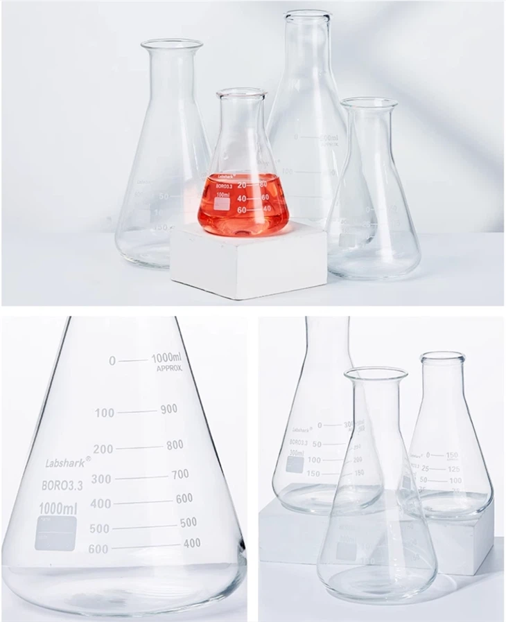 BKMAM 100ml 250ml 500ml Laboratory Use Transparent Heat Resistant Borosilicate 3.3 Glass Conical Flask Bottle